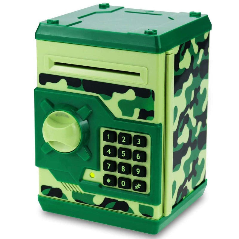 Qwifyu Piggy Bank for Boys Girls, 4 5 6 7 8 9 10 Year Old Girl Boy Birthday Gift Ideas, Electronic Password Money Saving Box ATM, Great Gift Safe Bank Toys for Kids (Camouflage Green) - Image 1